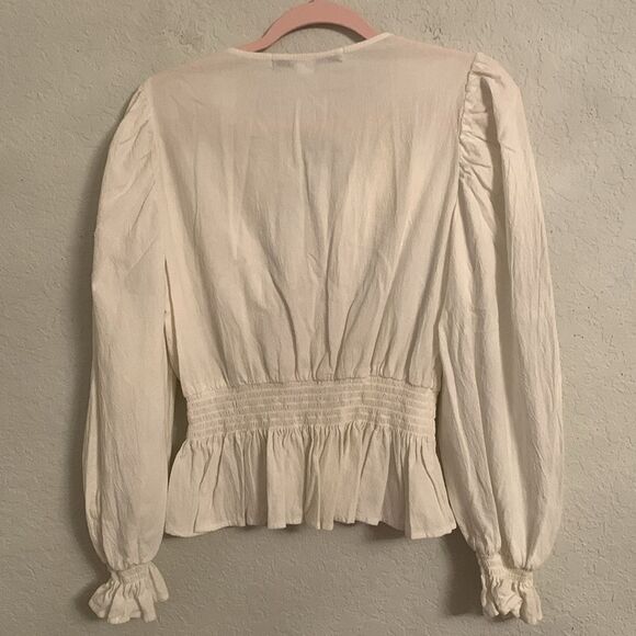 HYFVE White V-Neck Elastic Waist Ruffle Cotton Women's Top Size L - Picture 2 of 9